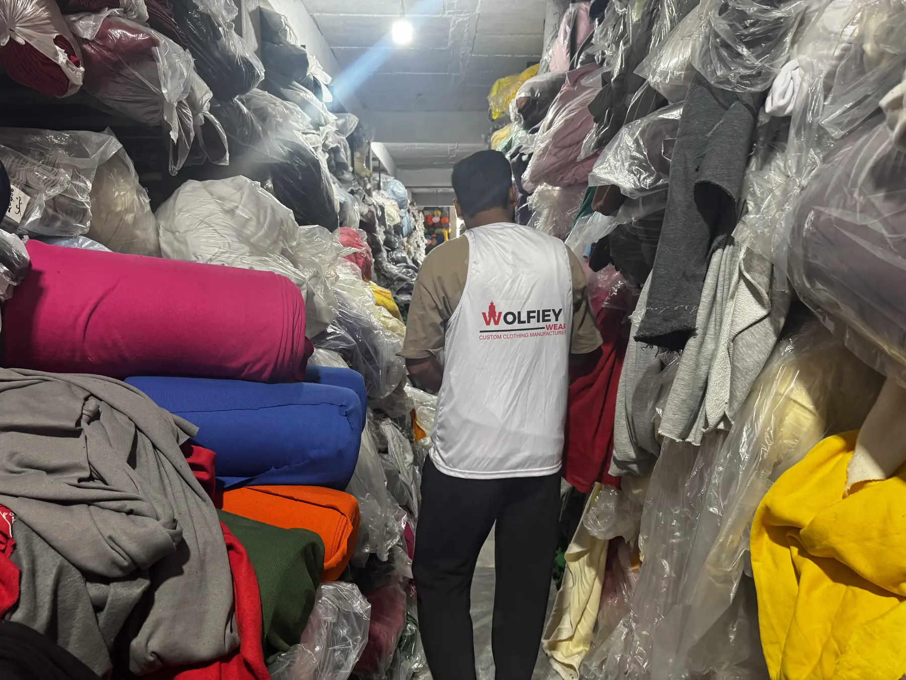 Fabric warehouse at Wolfiey Wear in Sialkot